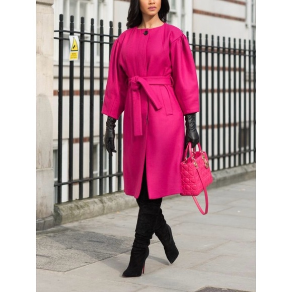 Zara puff sleeve wool blend belted coat fuchsia pink - Picture 2 of 15